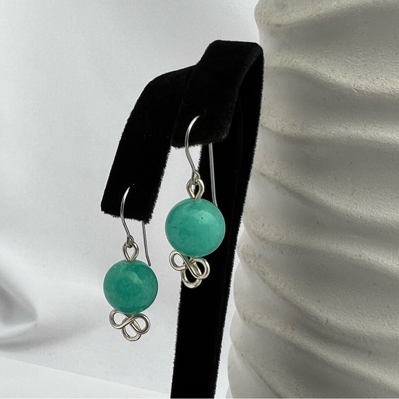 Jade Beaded Wire Wrapped Earrings Blue-Green Hypoallergenic - Picture 5 of 12